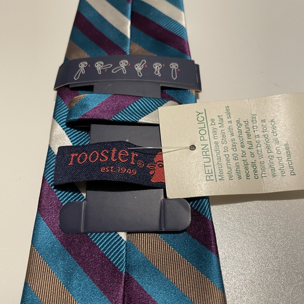 NWT Rooster Men's Striped Tie Blue, Purple,White, Tan - Picture 6 of 8
